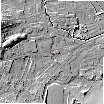 Shaded relief map of the ground around WF29BL, computed from Environment Agency LiDAR. The ground here sits at about 28 m above sea level and falls 16 m across the surrounding 800 m. Surface water reaching this point runs off ground lying to the west-north-west, 13.3 m higher.
