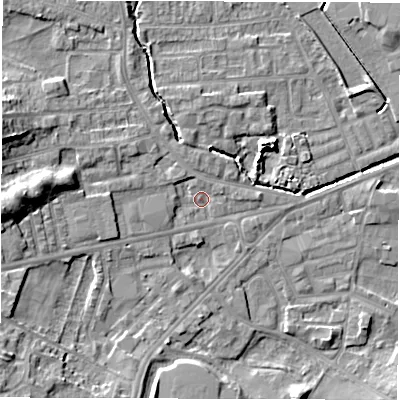 Shaded relief map of the ground around WF29BP, computed from Environment Agency LiDAR. The ground here sits at about 28 m above sea level and falls 12 m across the surrounding 800 m. Surface water reaching this point runs off ground lying to the west-north-west, 8.9 m higher.