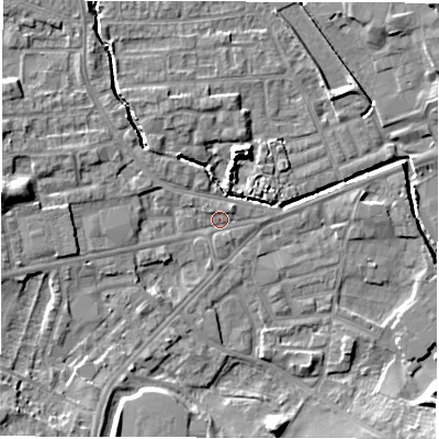 Shaded relief map of the ground around WF29BS, computed from Environment Agency LiDAR. The ground here sits at about 28 m above sea level and falls 10 m across the surrounding 800 m. Surface water reaching this point runs off ground lying to the west, 6.3 m higher.