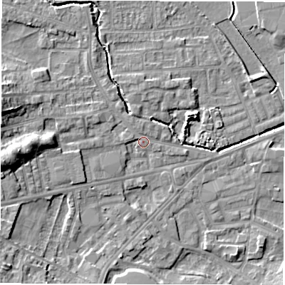 Shaded relief map of the ground around WF29BT, computed from Environment Agency LiDAR. The ground here sits at about 29 m above sea level and falls 12 m across the surrounding 800 m. Surface water reaching this point runs off ground lying to the west-north-west, 10.1 m higher.