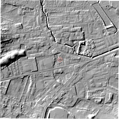 Shaded relief map of the ground around WF29BW, computed from Environment Agency LiDAR. The ground here sits at about 28 m above sea level and falls 13 m across the surrounding 800 m. Surface water reaching this point runs off ground lying to the west-north-west, 10.8 m higher.