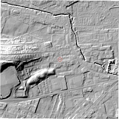 Shaded relief map of the ground around WF29EB, computed from Environment Agency LiDAR. The ground here sits at about 31 m above sea level and falls 27 m across the surrounding 800 m. Surface water reaching this point runs off ground lying to the west, 22.7 m higher.