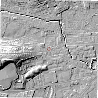 Shaded relief map of the ground around WF29EF, computed from Environment Agency LiDAR. The ground here sits at about 30 m above sea level and falls 26 m across the surrounding 800 m. Surface water reaching this point runs off ground lying to the west-south-west, 22.3 m higher.