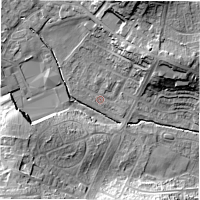 Shaded relief map of the ground around WF29EX, computed from Environment Agency LiDAR. The ground here sits at about 34 m above sea level and falls 24 m across the surrounding 800 m. Surface water reaching this point runs off ground lying to the north, 4.4 m higher.