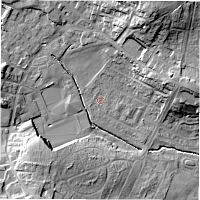 Shaded relief map of the ground around WF29EZ, computed from Environment Agency LiDAR. The ground here sits at about 34 m above sea level and falls 28 m across the surrounding 800 m. Surface water reaching this point runs off ground lying to the north-north-east, 3.6 m higher.