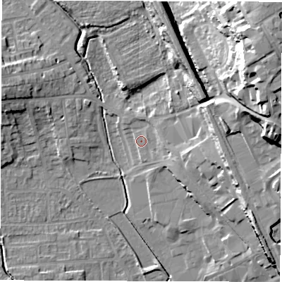 Shaded relief map of the ground around WF29FS, computed from Environment Agency LiDAR. The ground here sits at about 31 m above sea level and falls 33 m across the surrounding 800 m. Surface water reaching this point runs off ground lying to the east-north-east, 15.2 m higher.