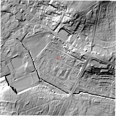 Shaded relief map of the ground around WF29HA, computed from Environment Agency LiDAR. The ground here sits at about 35 m above sea level and falls 29 m across the surrounding 800 m. Surface water reaching this point runs off ground lying to the north-north-east, 24.1 m higher.