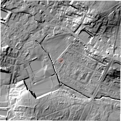 Shaded relief map of the ground around WF29HB, computed from Environment Agency LiDAR. The ground here sits at about 35 m above sea level and falls 28 m across the surrounding 800 m. Surface water reaching this point runs off ground lying to the north-east, 13.7 m higher.