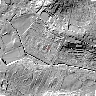 Shaded relief map of the ground around WF29HJ, computed from Environment Agency LiDAR. The ground here sits at about 34 m above sea level and falls 28 m across the surrounding 800 m. Surface water reaching this point runs off ground lying to the north, 24.0 m higher.