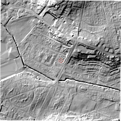 Shaded relief map of the ground around WF29HL, computed from Environment Agency LiDAR. The ground here sits at about 34 m above sea level and falls 28 m across the surrounding 800 m. Surface water reaching this point runs off ground lying to the north-east, 8.6 m higher.