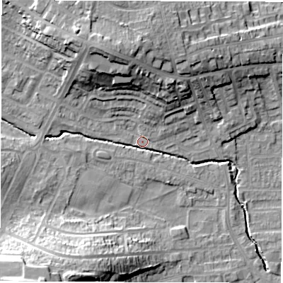 Shaded relief map of the ground around WF29HP, computed from Environment Agency LiDAR. The ground here sits at about 32 m above sea level and falls 28 m across the surrounding 800 m. Surface water reaching this point runs off ground lying to the south-west, 25.0 m higher.