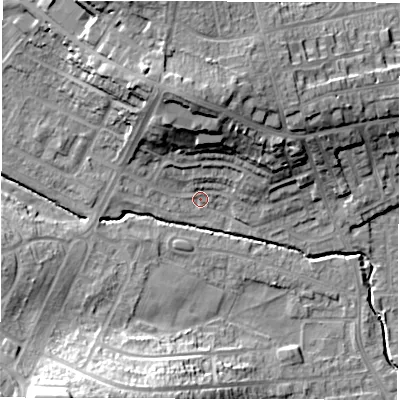 Shaded relief map of the ground around WF29HW, computed from Environment Agency LiDAR. The ground here sits at about 32 m above sea level and falls 25 m across the surrounding 800 m. Surface water reaching this point runs off ground lying to the north, 17.5 m higher.