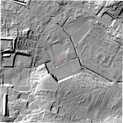 Shaded relief map of the ground around WF29HX, computed from Environment Agency LiDAR. The ground here sits at about 36 m above sea level and falls 30 m across the surrounding 800 m. Surface water reaching this point runs off ground lying to the south-west, 26.0 m higher.