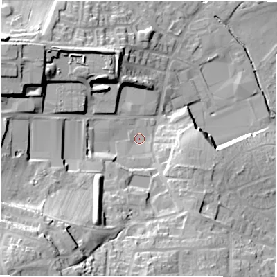 Shaded relief map of the ground around WF29JF, computed from Environment Agency LiDAR. The ground here sits at about 41 m above sea level and falls 42 m across the surrounding 800 m. Surface water reaching this point runs off ground lying to the south-west, 32.9 m higher.