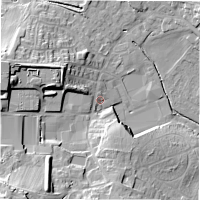 Shaded relief map of the ground around WF29JG, computed from Environment Agency LiDAR. The ground here sits at about 39 m above sea level and falls 38 m across the surrounding 800 m. Surface water reaching this point runs off ground lying to the north-north-west, 2.1 m higher.
