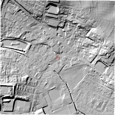Shaded relief map of the ground around WF29JH, computed from Environment Agency LiDAR. The ground here sits at about 38 m above sea level and falls 35 m across the surrounding 800 m. Surface water reaching this point runs off ground lying to the north, 29.4 m higher.
