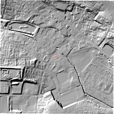 Shaded relief map of the ground around WF29JP, computed from Environment Agency LiDAR. The ground here sits at about 37 m above sea level and falls 29 m across the surrounding 800 m. Surface water reaching this point runs off ground lying to the north-east, 24.8 m higher.