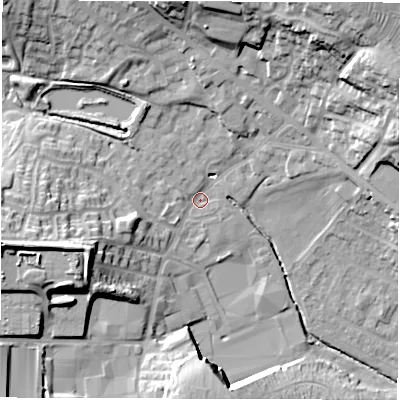 Shaded relief map of the ground around WF29JQ, computed from Environment Agency LiDAR. The ground here sits at about 37 m above sea level and falls 29 m across the surrounding 800 m. Surface water reaching this point runs off ground lying to the west-south-west, 20.4 m higher.