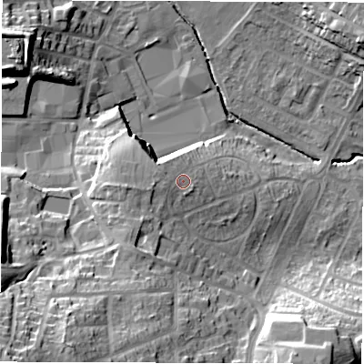 Shaded relief map of the ground around WF29LD, computed from Environment Agency LiDAR. The ground here sits at about 46 m above sea level and falls 36 m across the surrounding 800 m. Surface water reaching this point runs off ground lying to the south-west, 3.8 m higher.