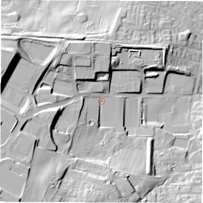 Shaded relief map of the ground around WF29LP, computed from Environment Agency LiDAR. The ground here sits at about 49 m above sea level and falls 42 m across the surrounding 800 m. Surface water reaching this point runs off ground lying to the south-west, 30.2 m higher.