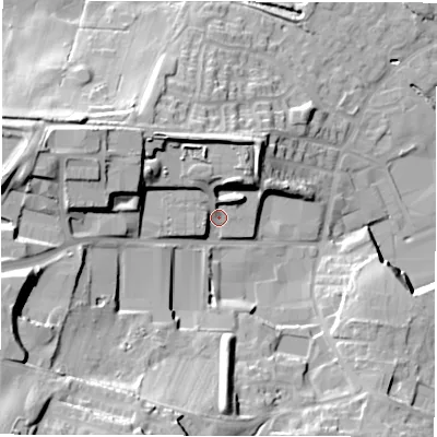 Shaded relief map of the ground around WF29LS, computed from Environment Agency LiDAR. The ground here sits at about 45 m above sea level and falls 40 m across the surrounding 800 m. Surface water reaching this point runs off ground lying to the north-north-east, 8.1 m higher.
