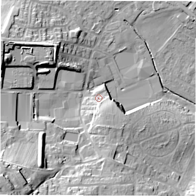 Shaded relief map of the ground around WF29LW, computed from Environment Agency LiDAR. The ground here sits at about 41 m above sea level and falls 40 m across the surrounding 800 m. Surface water reaching this point runs off ground lying to the south-south-east, 9.4 m higher.