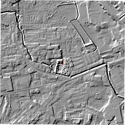Shaded relief map of the ground around WF29NB, computed from Environment Agency LiDAR. The ground here sits at about 28 m above sea level and falls 18 m across the surrounding 800 m. Surface water reaching this point runs off ground lying to the west, 4.8 m higher.
