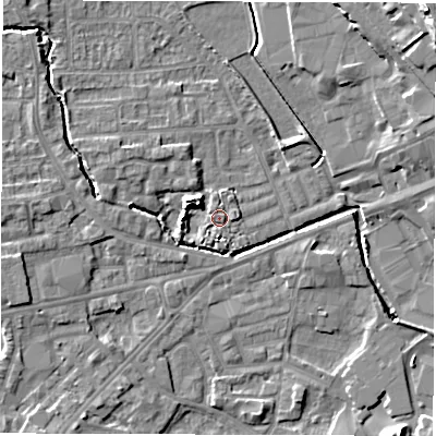 Shaded relief map of the ground around WF29NG, computed from Environment Agency LiDAR. The ground here sits at about 29 m above sea level and falls 19 m across the surrounding 800 m. Surface water reaching this point runs off ground lying to the west-north-west, 4.8 m higher.