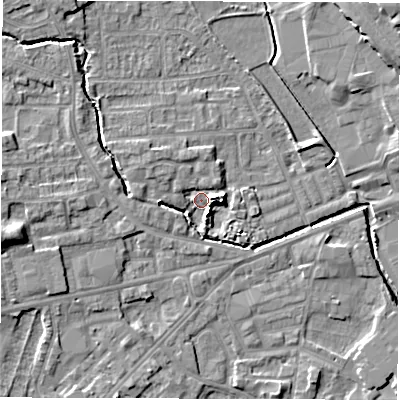 Shaded relief map of the ground around WF29NJ, computed from Environment Agency LiDAR. The ground here sits at about 28 m above sea level and falls 11 m across the surrounding 800 m. Surface water reaching this point runs off ground lying to the east-north-east, 4.9 m higher.