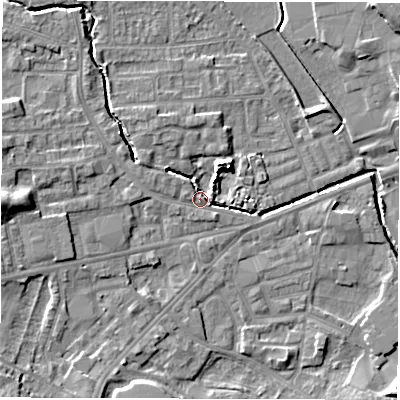 Shaded relief map of the ground around WF29NL, computed from Environment Agency LiDAR. The ground here sits at about 29 m above sea level and falls 9 m across the surrounding 800 m. Surface water reaching this point runs off ground lying to the west-north-west, 5.8 m higher.