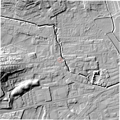 Shaded relief map of the ground around WF29NN, computed from Environment Agency LiDAR. The ground here sits at about 30 m above sea level and falls 20 m across the surrounding 800 m. Surface water reaching this point runs off ground lying to the west, 17.0 m higher.