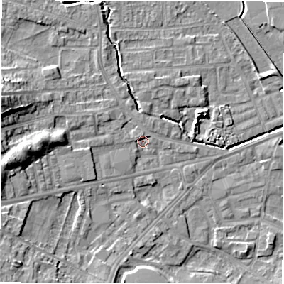Shaded relief map of the ground around WF29NS, computed from Environment Agency LiDAR. The ground here sits at about 28 m above sea level and falls 15 m across the surrounding 800 m. Surface water reaching this point runs off ground lying to the west-north-west, 1.7 m higher.