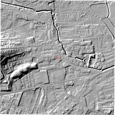 Shaded relief map of the ground around WF29NU, computed from Environment Agency LiDAR. The ground here sits at about 30 m above sea level and falls 21 m across the surrounding 800 m. Surface water reaching this point runs off ground lying to the west, 1.2 m higher.