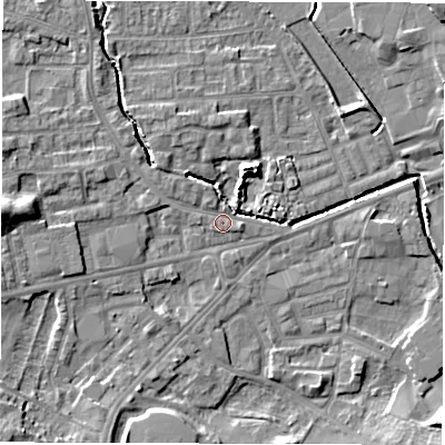 Shaded relief map of the ground around WF29NW, computed from Environment Agency LiDAR. The ground here sits at about 28 m above sea level and falls 10 m across the surrounding 800 m. Surface water reaching this point runs off ground lying to the west-north-west, 5.4 m higher.