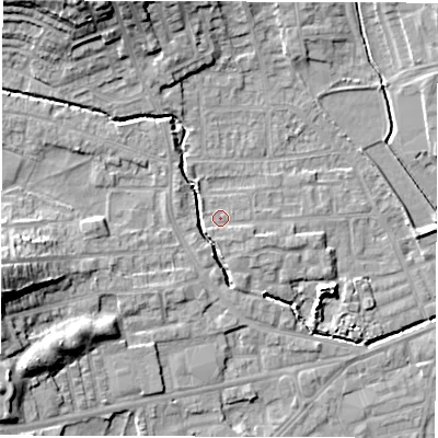 Shaded relief map of the ground around WF29NX, computed from Environment Agency LiDAR. The ground here sits at about 30 m above sea level and falls 17 m across the surrounding 800 m. Surface water reaching this point runs off ground lying to the south, 0.8 m higher.