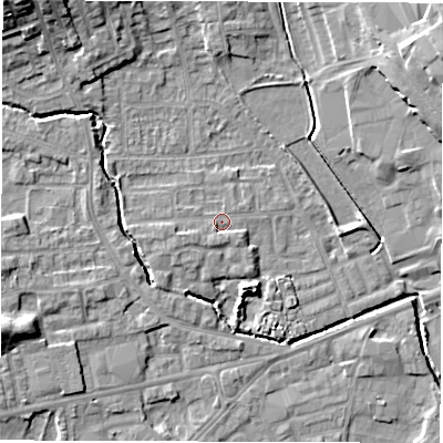 Shaded relief map of the ground around WF29NY, computed from Environment Agency LiDAR. The ground here sits at about 29 m above sea level and falls 16 m across the surrounding 800 m. Surface water reaching this point runs off ground lying to the west-south-west, 1.4 m higher.