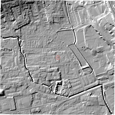 Shaded relief map of the ground around WF29NZ, computed from Environment Agency LiDAR. The ground here sits at about 29 m above sea level and falls 22 m across the surrounding 800 m. Surface water reaching this point runs off ground lying to the west-south-west, 1.4 m higher.
