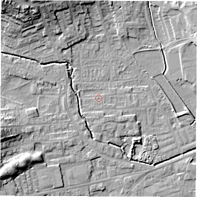 Shaded relief map of the ground around WF29PA, computed from Environment Agency LiDAR. The ground here sits at about 30 m above sea level and falls 19 m across the surrounding 800 m. Surface water reaching this point runs off ground lying to the west-north-west, 1.5 m higher.