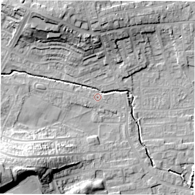 Shaded relief map of the ground around WF29PB, computed from Environment Agency LiDAR. The ground here sits at about 31 m above sea level and falls 28 m across the surrounding 800 m. Surface water reaching this point runs off ground lying to the north-west, 19.7 m higher.