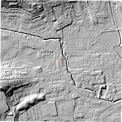Shaded relief map of the ground around WF29PD, computed from Environment Agency LiDAR. The ground here sits at about 31 m above sea level and falls 23 m across the surrounding 800 m. Surface water reaching this point runs off ground lying to the north, 0.8 m higher.