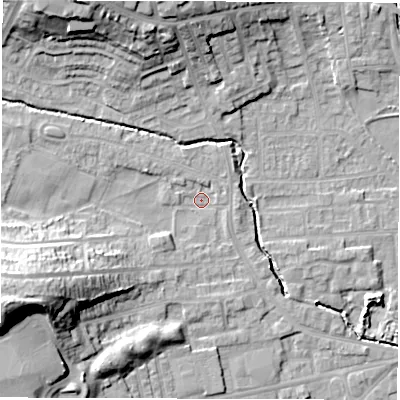 Shaded relief map of the ground around WF29PE, computed from Environment Agency LiDAR. The ground here sits at about 30 m above sea level and falls 26 m across the surrounding 800 m. Surface water reaching this point runs off ground lying to the west-south-west, 20.3 m higher.