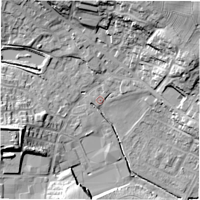 Shaded relief map of the ground around WF29PF, computed from Environment Agency LiDAR. The ground here sits at about 37 m above sea level and falls 31 m across the surrounding 800 m. Surface water reaching this point runs off ground lying to the east-north-east, 22.7 m higher.