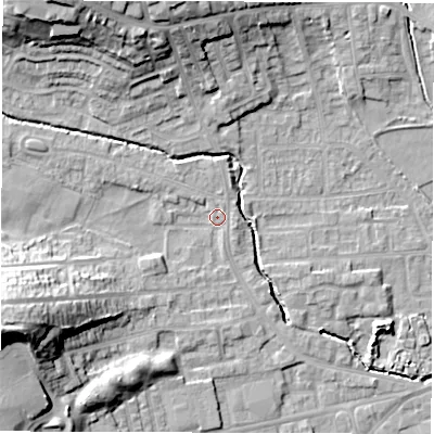 Shaded relief map of the ground around WF29PG, computed from Environment Agency LiDAR. The ground here sits at about 31 m above sea level and falls 25 m across the surrounding 800 m. Surface water reaching this point runs off ground lying to the west-south-west, 18.0 m higher.
