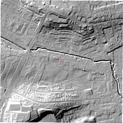 Shaded relief map of the ground around WF29PH, computed from Environment Agency LiDAR. The ground here sits at about 32 m above sea level and falls 29 m across the surrounding 800 m. Surface water reaching this point runs off ground lying to the west-north-west, 1.3 m higher.