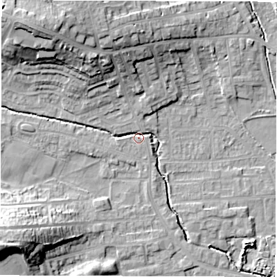 Shaded relief map of the ground around WF29PJ, computed from Environment Agency LiDAR. The ground here sits at about 31 m above sea level and falls 25 m across the surrounding 800 m. Surface water reaching this point runs off ground lying to the north-west, 20.6 m higher.