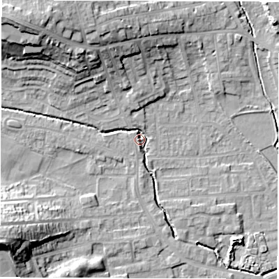 Shaded relief map of the ground around WF29PL, computed from Environment Agency LiDAR. The ground here sits at about 31 m above sea level and falls 24 m across the surrounding 800 m. Surface water reaching this point runs off ground lying to the north-west, 20.6 m higher.