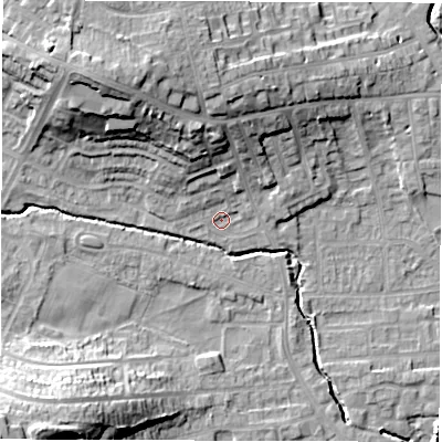 Shaded relief map of the ground around WF29PN, computed from Environment Agency LiDAR. The ground here sits at about 32 m above sea level and falls 28 m across the surrounding 800 m. Surface water reaching this point runs off ground lying to the north, 10.7 m higher.