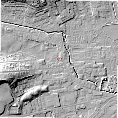 Shaded relief map of the ground around WF29PQ, computed from Environment Agency LiDAR. The ground here sits at about 30 m above sea level and falls 25 m across the surrounding 800 m. Surface water reaching this point runs off ground lying to the west-south-west, 18.0 m higher.