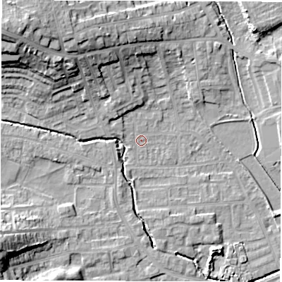 Shaded relief map of the ground around WF29QB, computed from Environment Agency LiDAR. The ground here sits at about 30 m above sea level and falls 23 m across the surrounding 800 m. Surface water reaching this point runs off ground lying to the north-north-west, 3.8 m higher.