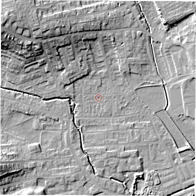 Shaded relief map of the ground around WF29QD, computed from Environment Agency LiDAR. The ground here sits at about 29 m above sea level and falls 22 m across the surrounding 800 m. Surface water reaching this point runs off ground lying to the north-west, 0.9 m higher.